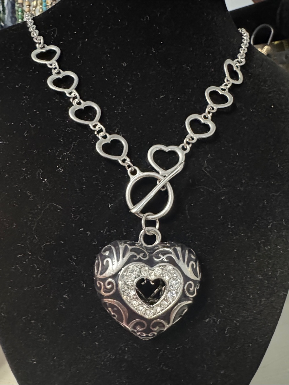 Silver and Black Heart Locket Necklace with Rhinestone Accent